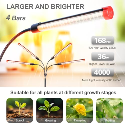 FECiDA Gamechanger! 36 Watt Power Draw, NO Need Adapter, 4Head Grow Light with Tripod Stand, 2026 Big Coverage LED Grow Lights for Indoor Tall Plants, Bonsai Tree, 4/8/12/16/20H Timer - size: Stand-4Head-36W