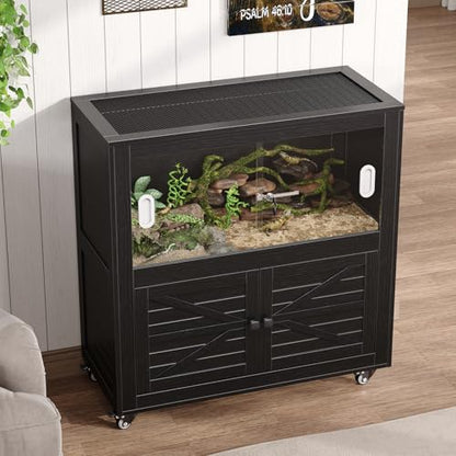 Reptile Terrarium with Stand, 40 Gallon Reptile Tank with Large Storage Cabinet and Ventilated Metal Mesh Top, Black - color: Black