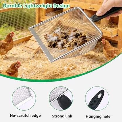 2 Pack Chicken Poop Scooper for Coop, Mesh Sifting Shovel 3.8mm 5mm Holes | 5.5" Metal Chicken Coop Rake and Scoop Cleaning Tool, Scooper Shovel for Sifting Sand, Litter, Chicken Supplies - size: 5.5" 2 Set