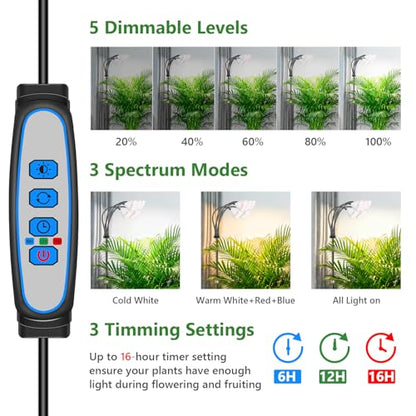Floor Grow Lights for Indoor Plants, Full Spectrum, for Tall Plant | 5-Head Gooseneck Grow Lamp, 2.3in Spotlight-Style Heads, 120 Red/Blue/White LEDs, Timer & Dimming, 16.5-61in Height, Black - size: 5-Head