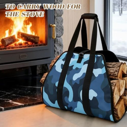 Blue Camo Print Firewood Carriers with Handles | Waterproof Fabric, Large Capacity, Open-Ended Design, for Daily Home Heating and Outdoor Camping - color: Multi Shade Blue Urban Camo Print