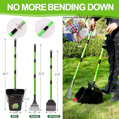 Pooper Scooper - 38" Long Adjustable Metal Handle Dog Pooper Scooper Swivel Bin & Rake & Spade with 50 Bags Attachment, Portable Heavy Duty Dog Poop Scooper for Yard Dogs Large Medium Small