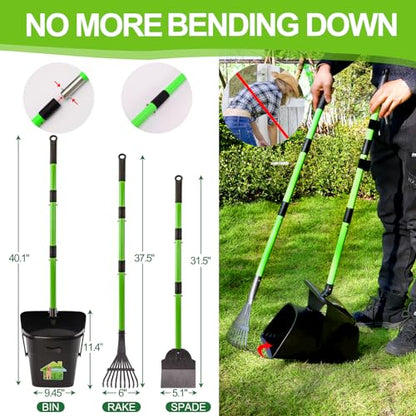 Pooper Scooper - 38" Long Adjustable Metal Handle Dog Pooper Scooper Swivel Bin & Rake & Spade with 50 Bags Attachment, Portable Heavy Duty Dog Poop Scooper for Yard Dogs Large Medium Small