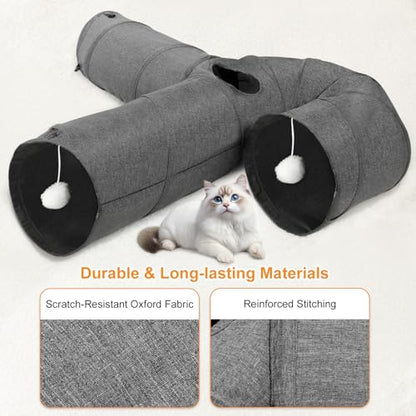 Ownpets 12" Large Cat Tunnel 3-Way U-Shape Oxford Fabric for Large Cat | Silent oxford fabric no noise, expandable 3-channel design, with plush ball ,feather wand, peek hole, for multi-cat household - size: 12 Inches in Diameter