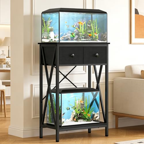 Fish Tank Stand with Drawer, 5-10 Gallon Aquarium Stand Easy Assemble | Stable Metal Frame, 2-Tier Breeder Reptile Turtle Terrarium Table Fits Office Home, 19.4"x11" MDF Tabletop, 220 lbs Capacity - color: Black, size: 5-10 Gallon