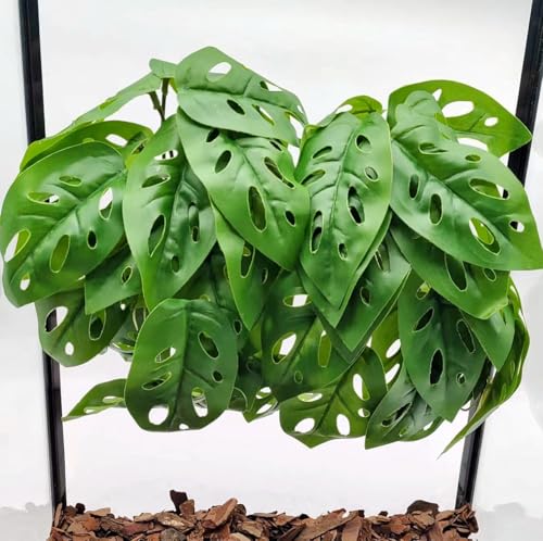 Fake Reptile Plants for Terrarium,Hanging Plant with Suction Cup | Artificial Plants for Crested Gecko Tortoise Ball Python Enclosure, Snake Tank Accessories,Amphibian Habitat Decor-2 Pack - color: Swiss Cheese