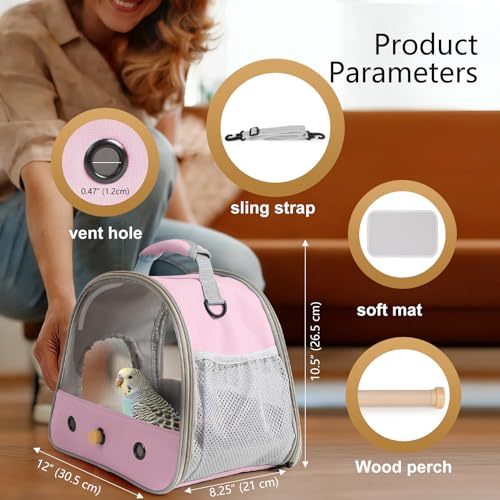 Bird Carrier, Portable Small Bird Parrot Parakeet Carrier with Standing Perch and Mat, Side Access Window Collapsible (Pink, Clear Windows) - color: Pink