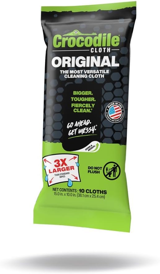Crocodile Cloth Industrial Hand & Tool Cleaning Wipes - Heavy-Duty 10" x 15" Size Multi-Surface Cleaning Wipes, 10 Count Per Package. Water Based Solution with Extreme Cleaning Power. Safe on Skin. - size: 10 Count (Pack of 5)