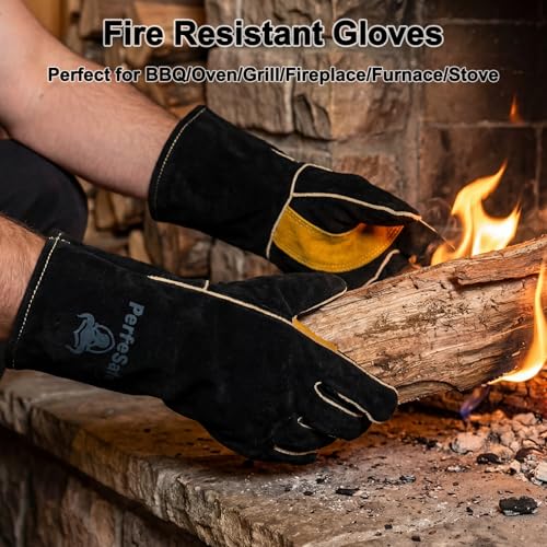 Welding Gloves Heat Resistant Leather Fireproof Gloves 14in Black | Welders Gloves for MIG TIG Stick, Grill Gloves Mitts for BBQ,Oven,Forge,Fireplace,Fire Pit,Furnace,Wood Stove,Dry Ice,Baking - color: 14 Inches Black