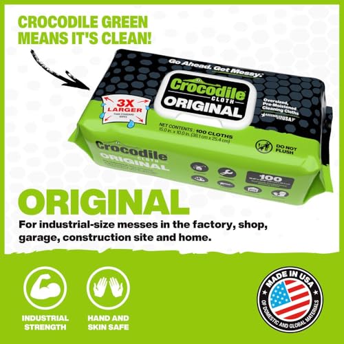 Crocodile Cloth Original Heavy-Duty Hand & Tool Wipes, 6 Packs, 600 Count | Multi-Surface, Water-Based, Safe on Skin, 15" x 10" - size: 100Count (Pack of 6)