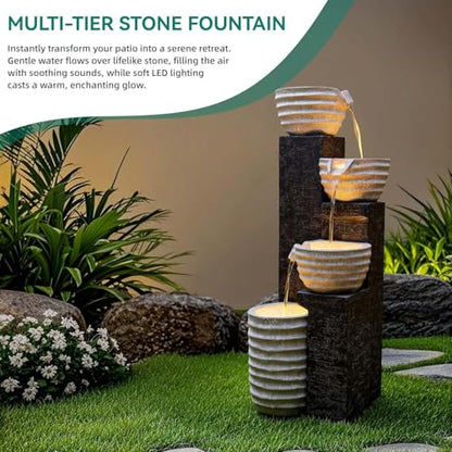 40" H Multilayer Cascading Outdoor Water Fountain with LED Lights & Pump, Sand-Textured Polyresin Freestanding Garden Fountain for Tranquil Garden, Patio or Porch | Unique Sand-Textured Polyresin Freestanding Garden Fountain for Garden, Patio or Porch - c