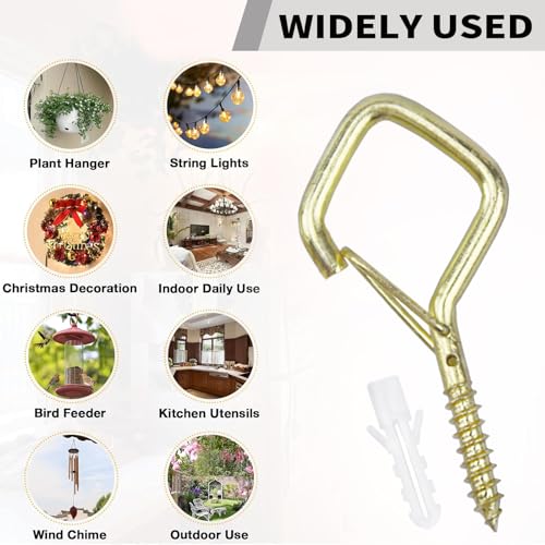 10 PCS Eye Screw Hooks for Hanging Heavy Duty with Safety Buckle.Metal Ceiling Hooks for Hanging Plants,Cup,Wind Chime,Bird Feeders,christmas String Lights at Indoor&Outdoor,2.36 Inch(No Drill Bit) - color: Gold, size: 10 Pieces