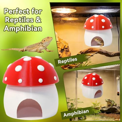 3D Red Mushroom House Reptile Hides and Caves, Reptile Hideout | Shelter for Geckos Bearded Dragons Chameleons Frogs with Dual Suction Cups for Wall or Ground