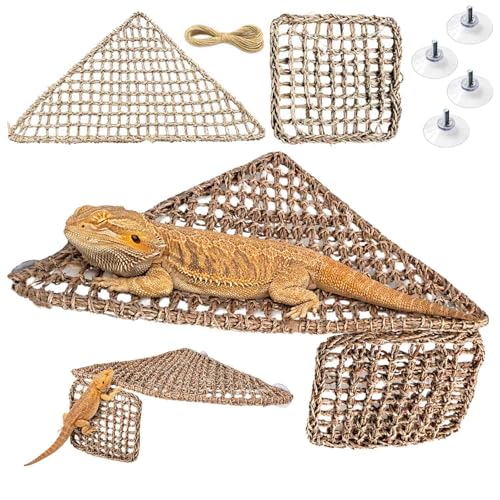 Triangle Bearded Dragon Hammock with Built-in Steel Frame, Flat Stable Corner Reptile Hammock, Handwoven Seagrass Lizard Bed & Climbing Ladder for Reptile Tank Accessories