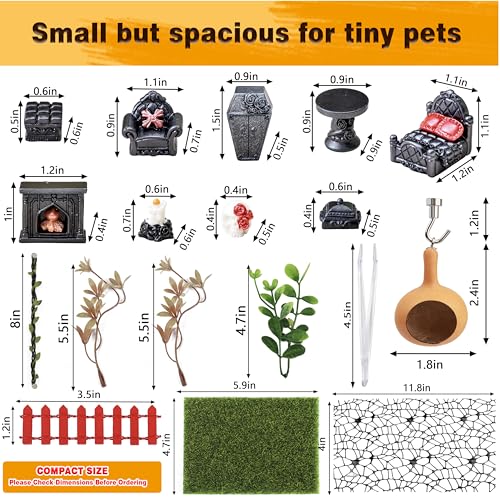19PCS Jumping Spider Enclosure Kit, Acrylic Goth Coffin Terrarium with Magnetic Lock & Feeding Hole, DIY Decor Set for Tarantula Mantis Insect Habitat, Black Base