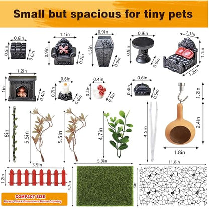 19PCS Jumping Spider Enclosure Kit, Acrylic Goth Coffin Terrarium with Magnetic Lock & Feeding Hole, DIY Decor Set for Tarantula Mantis Insect Habitat, Black Base