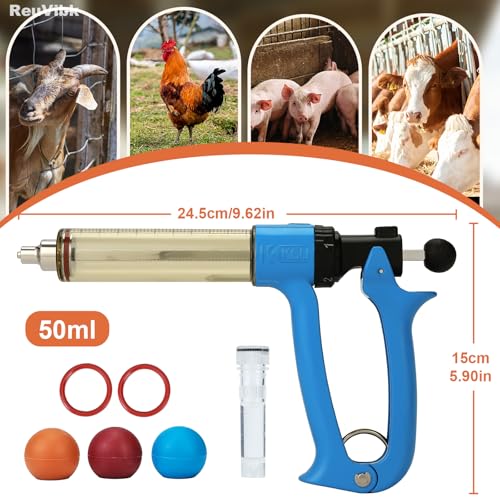 50ml Semi-Auto Repeating Livestock Syringe Gun, 5 Dose Settings | Ergonomic Grip, Clear Barrel & Luer Lock, Vet Injector for Cattle, Horses, Goats, Sheep & Pigs - color: Blue50ML