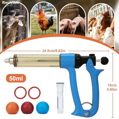 50ml Semi-Auto Repeating Livestock Syringe Gun, 5 Dose Settings | Ergonomic Grip, Clear Barrel & Luer Lock, Vet Injector for Cattle, Horses, Goats, Sheep & Pigs - color: Blue50ML