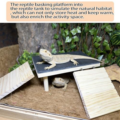 Wooden Bearded Dragon Platform Reptile Basking Platform with Slate Stone Tank Accessories for Leopard Gecko Lizard Turtle Snake (Large, 11.8 × 7.9 Inches)