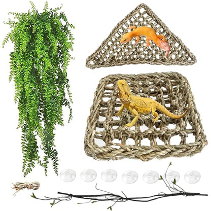 Bearded Dragon Hammock,Lizard Lounger,Natural Seagrass Reptile Hammocks with Hanging Plants Climbing Jungle Vines Flexible Leaves Habitat Decoration for Lizard Geckos Snakes (4 PCS)