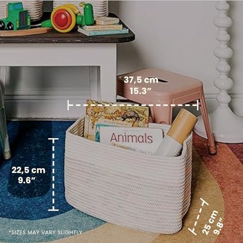 OrganiHaus Rainbow Baskets for Shelves, Set of 3, 15x9x10 | Colorful, handwoven cotton rope; a toy bin for playroom, classroom, or girls' room decor; great for nursery too - color: Stitches Rainbow