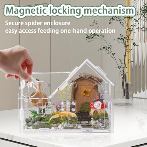 Acrylic Jumping Spider Enclosure House-Shaped Terrarium | Magnetic front door lock, top sliding feeding port, 1mm ventilation holes, scratch-resistant clear acrylic - color: transparent