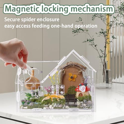 Acrylic Jumping Spider Enclosure House-Shaped Terrarium | Magnetic front door lock, top sliding feeding port, 1mm ventilation holes, scratch-resistant clear acrylic - color: transparent