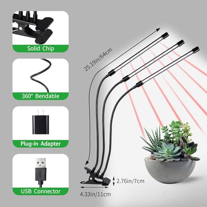 3 Head Grow Lights for Indoor Plants, Upgrade 126 LEDs Clip Plant Lights, Full Spectrum Red White LED Plant Growing Lamps with Flexible Gooseneck, 3/9/12H Timer, 3 Spectral Modes, 10 Dimmable Levels - size: 3 Head 1 Pack