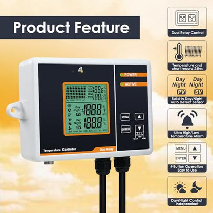 Digital Temperature Controller, Smart Thermostat Controlled Outlet Plug with Day Night Control and Ultra High/LowTemperature Alarm, Thermostat for Reptiles, Greenhouses,Aquarium