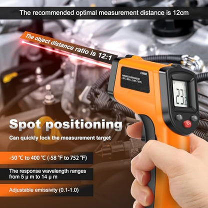 Laser Temperature Gun, Non-Contact Digital Infrared Thermometer, Adjustable Emissivity, -58℉~752℉ Precision Temperature Tester Handheld for Grill, Meat, Food, Candy, Automotive, HVAC Tools