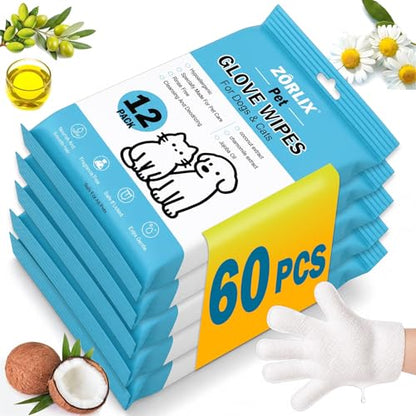 60Pcs Hypoallergenic Pet Glove Wipes for Dogs & Cats | Deodorizing Hydrating Pet Cleaning Gloves for Paws, Ears, Face & Butt, Home & Travel Dry Bath - size: 60PCS