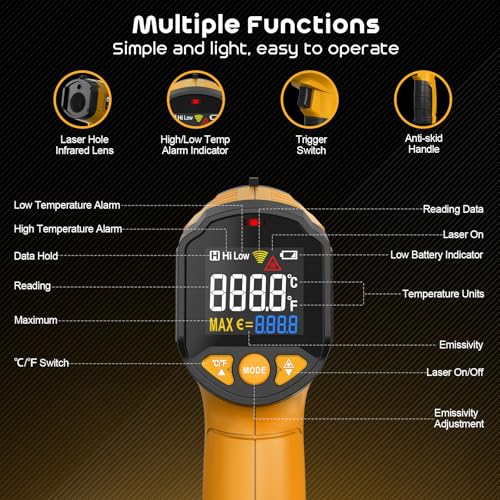 Infrared Thermometer Gun,SQECH Laser Thermometer Gun -58℉～1112℉(-50℃～600℃),Non-Contact Temperature Gun with Adjustable Emissivity&Color Backlight for Cooking, Pizza Oven,BBQ,Fridge,Engine,HVAC(Yellow) - color: Yellow(-58℉～1112℉)
