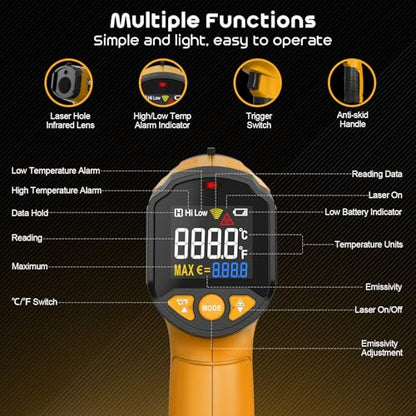 Infrared Thermometer Gun,SQECH Laser Thermometer Gun -58℉～1112℉(-50℃～600℃),Non-Contact Temperature Gun with Adjustable Emissivity&Color Backlight for Cooking, Pizza Oven,BBQ,Fridge,Engine,HVAC(Yellow) - color: Yellow(-58℉～1112℉)
