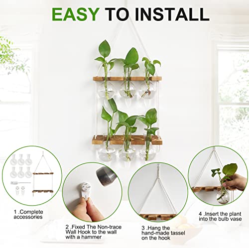 Plant Propagation Station Wall Hanging with 2 Tiered Wooden Stand | Plant Terrarium for Hydroponics Plants, Unique Gardening Gifts for Women Mom Plants Lovers - 6 Bulb Glass Vases - size: 2 Tiers - 6 Vases
