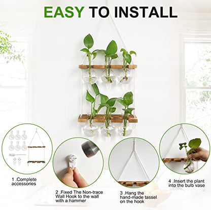Plant Propagation Station Wall Hanging with 2 Tiered Wooden Stand | Plant Terrarium for Hydroponics Plants, Unique Gardening Gifts for Women Mom Plants Lovers - 6 Bulb Glass Vases - size: 2 Tiers - 6 Vases