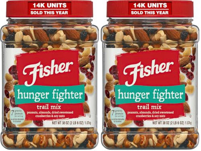 Fisher Snack Hunger Fighter Bulk Trail Mix, 38 oz (Pack of 2), Peanuts, Almonds, Dried Sweetened Cranberries and Soy Nuts, Snacks for Adults and Kids, Dried Fruit, Healthy Snacks for Adults - size: 38 Ounce (Pack of 2)
