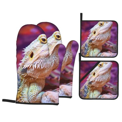 Bearded Dragon Lizards Animal Reptile Camouflage Heat Resistant Oven Mitts and Pot Holders Set of 4-500°f Protection Utensil Pocket for Grilling, Baking, Cooking