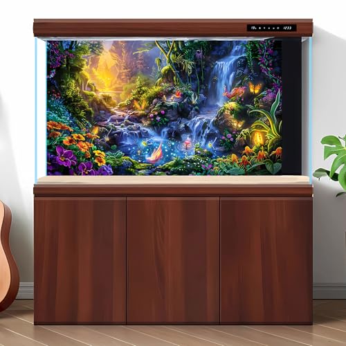 Waterfall Aquarium Background Fantasy Garden Flowers Fireflies Fish Tank Background Misty Glen Valley Wonderland Reptile Tank Backgrounds Fairies Magical Lights Tranquil Pond Tank Backgrounds 24x12in - color: Bright Blue, size: 24(W)x12(H)inches/ 60(W)*30