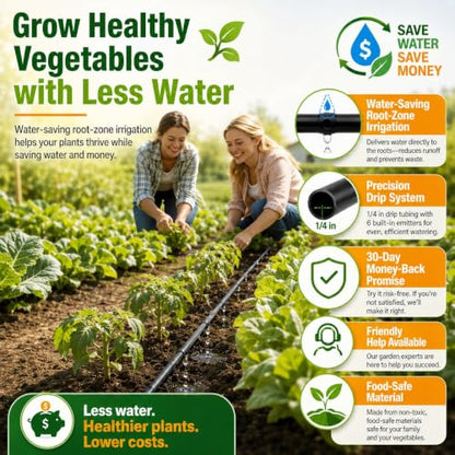 1/4 Drip Irrigation Tubing 100FT, Built-in 0.5 GPH Emitters, 6 Inch Spacing | Root-zone watering helps reduce runoff and waste; included fittings and end plugs support raised beds, rows and greenhouses. - size: 100FT