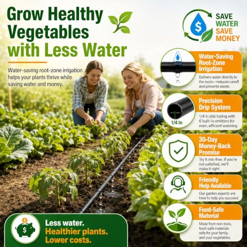 1/4 Drip Irrigation Tubing 200FT, Built-in 0.5 GPH Emitters, 6 Inch Spacing | Slow root-zone watering helps reduce runoff and waste; fittings and end plugs support larger beds, long rows and greenhouses. - size: 200FT