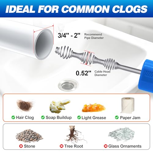 Drainsoon Auto Feed Drain Auger with Drill Adapter, 33 Feet Drain Snake Hair Clog Remover, Manual or Powered Plumbing Snake Drain Cleaner for Bathroom, Shower, Kitchen Sink, Comes with Gloves - color: Blue