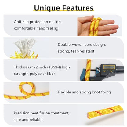 Arborist Rope, 1/2 Inch x 100 Feet Double Braided Climbing Rope Polyester for Outdoor, Climbing, Hiking, Swing, Tree Work, Halyard, Sailing etc(Yellow) - size: 1/2 Inch 100FT Yellow