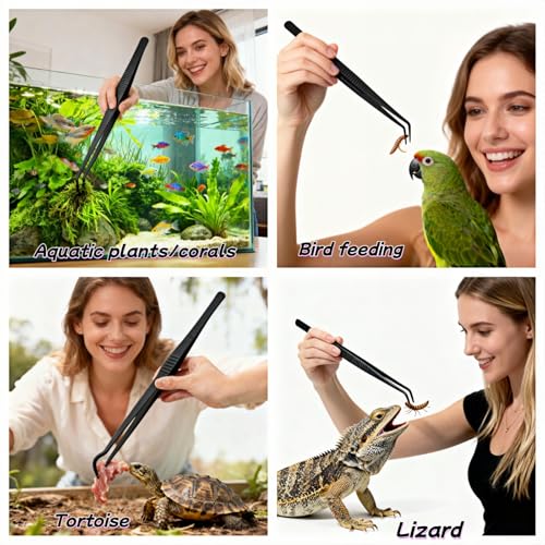 Professional Aquarium Tweezers, Black Carbonized Stainless Steel, Serrated Tip, Curved Design for Reptile Feeding, Tank Maintenance, Anti-Slip Reptile Feeding Tongs for Aquatic Plants, Lizards, Snakes