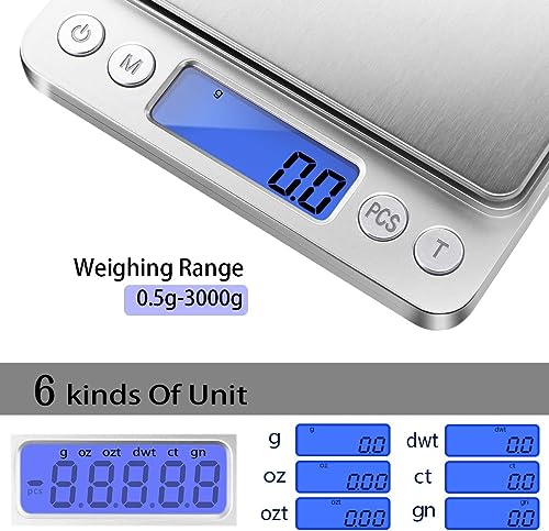Fuzion Small Gram Scale 3000g, Digital Kitchen Food Scale, Gram and Ounce | 0.1g Accuracy, 6 Modes, 2 Trays Included, LCD Display, Tare, Piece Counting, For Food, Coffee, Cooking, Herb, Reptiles, Coins - color: Silver