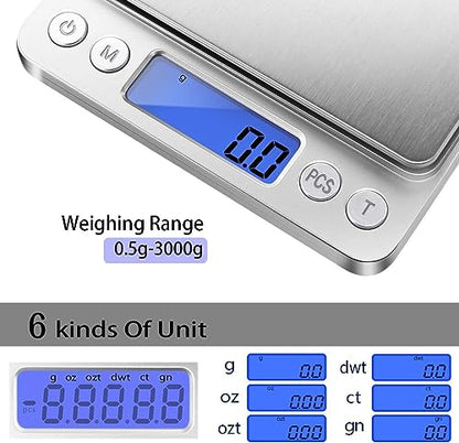 Fuzion Small Gram Scale 3000g, Digital Kitchen Food Scale, Gram and Ounce | 0.1g Accuracy, 6 Modes, 2 Trays Included, LCD Display, Tare, Piece Counting, For Food, Coffee, Cooking, Herb, Reptiles, Coins - color: Silver