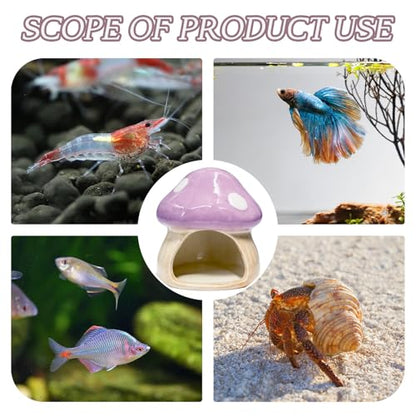 Betta Fish Tank Accessories, 4.33'' × 4.33'' Ceramic Mushroom House Aquarium Decor - Cute Purple Hideout Cave Ornament for Small Fish, Shrimp, Goldfish, Hamsters & Reptiles (Purple)