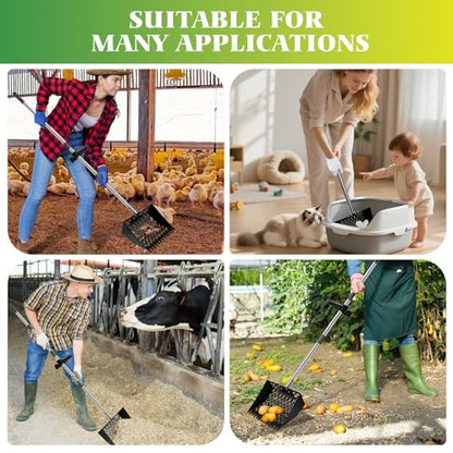Chicken Poop Scooper, 2-in-1 Metal Chicken Coop Scoop for Sand with 22 to 64" Adjustable Handle, Multifunctional Rake & sifting Shovel Cleaning Tools for Chicken Scoop, Animal Farm, Duck Coop