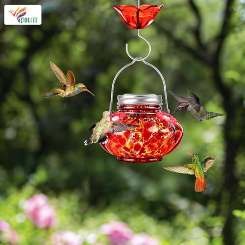 Hummingbird Feeder for Outdoors, Hand Blown Glass, Top Fill, Red | 10oz Glass Mason Jar with Ant Moat, Bee & Leak Proof, 4 Flower Feeding Ports, Garden Decor, Easy-Refill, Gift for Bird Lovers - color: Red