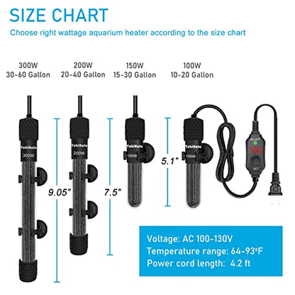 YukiHalu Submersible Aquarium Heater 100W 150W 200W, Adjustable Mini Fish Tank Heater, Small Size, Overheating Protection, External Controller, Used for 0.5-40 Gallons(150W) - size: 150 Watts