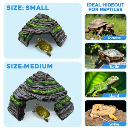 GOZILLA Reptile Hideout Cave,Turtle Tank Accessories Decor,Fish Tank Basking Platform for Bearded Dragon,Snake and Leopard Gecko.(Grey Hill-M)
